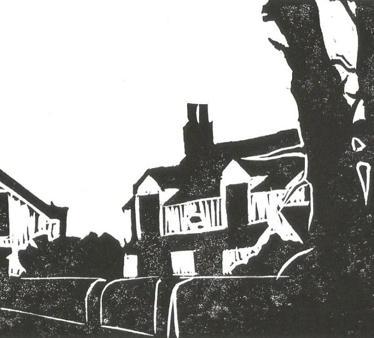A lino print of the home that brought Jo Thomas to house healing work.